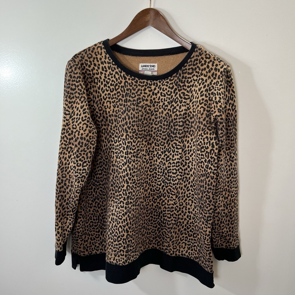 Lands End Womens Leopard Sweatshirt L Brown Animal Print Cozy Pullover Classic